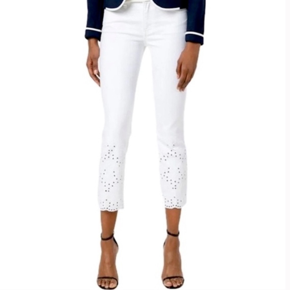 NWOT Tory Burch Kiera Straight Leg Eyelet Embroidered Cropped Jeans in white 28